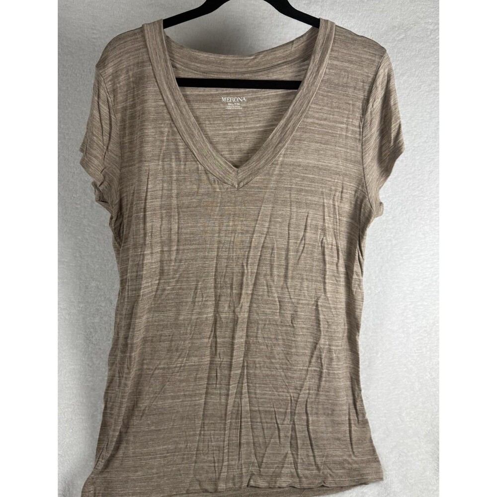 Merona Womens Tan Top - Size 2XL Deep V-Neck Short Sleeve - Stretch